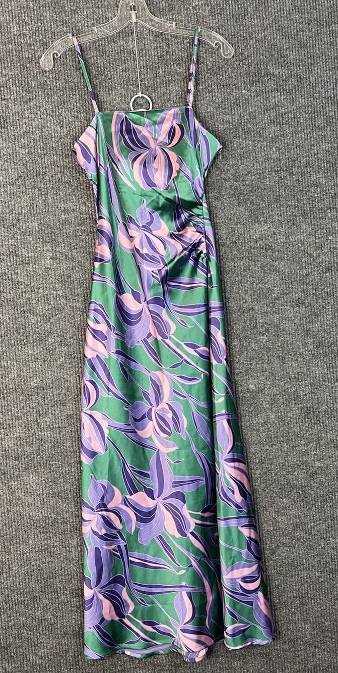 House Of Harlow Midi Dress Size XS Ruched Side Satin Sleeveless Slit Floral